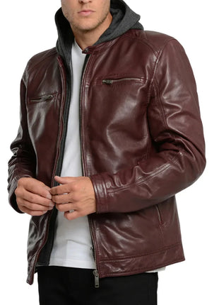 Men's Maroon Bomber Hooded Leather Jacket
