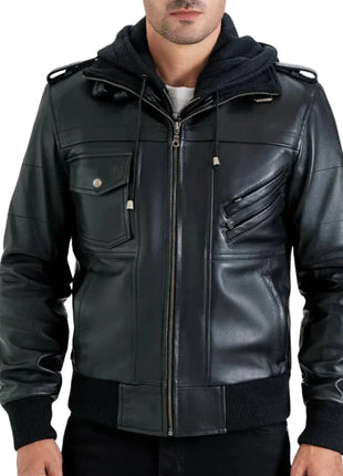 Men's Black Leather Bomber Jacket with Removable Hood