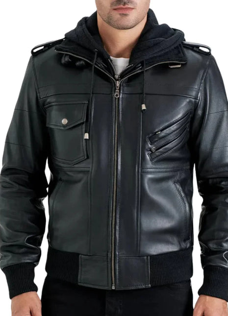 Men's Black Leather Bomber Jacket with Removable Hood