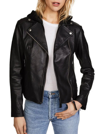 Black Womens Real Leather Biker Jacket with Hood