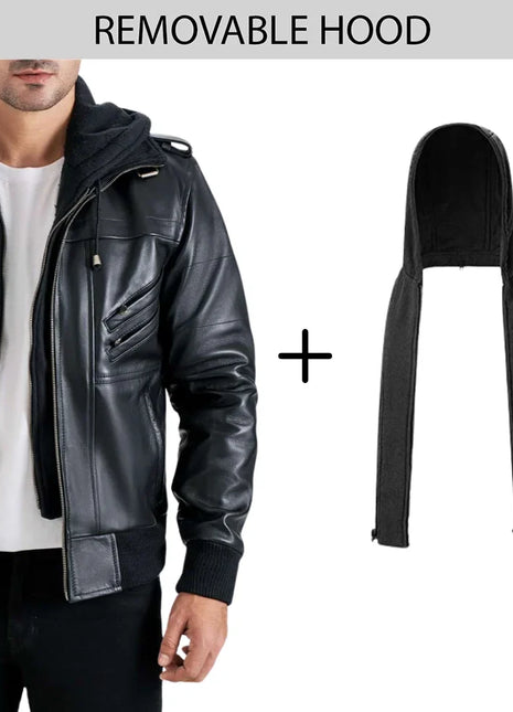 Men's Black Leather Bomber Jacket with Removable Hood