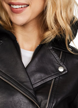 Black Womens Real Leather Biker Jacket with Hood