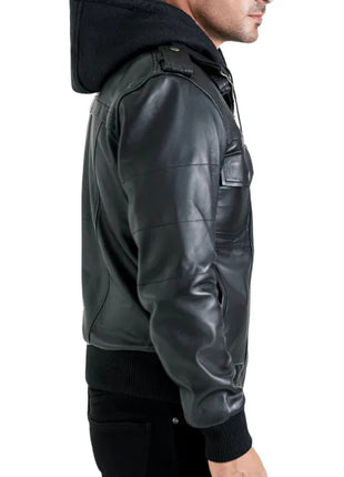 Men's Black Leather Bomber Jacket with Removable Hood