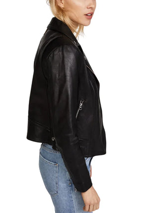 Black Womens Real Leather Biker Jacket with Hood