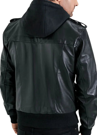 Men's Black Leather Bomber Jacket with Removable Hood
