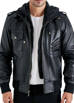 Men's Black Leather Bomber Jacket with Removable Hood
