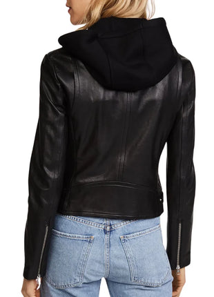 Black Womens Real Leather Biker Jacket with Hood