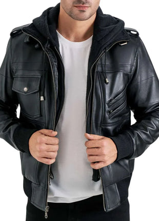 Men's Black Leather Bomber Jacket with Removable Hood