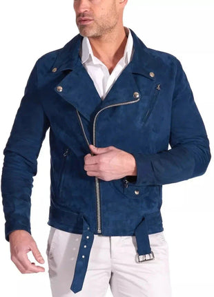 Men's Biker Blue Suede Leather Jacket