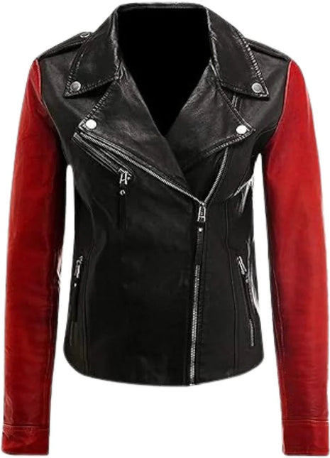 Slim Fit Two-Tone Asymmetrical Biker Leather Motorcycle Jacket Women