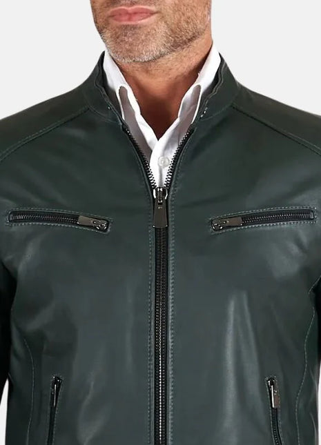 Men's Green Snap Tap Leather Cafe Racer Jacket