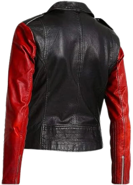 Slim Fit Two-Tone Asymmetrical Biker Leather Motorcycle Jacket Women