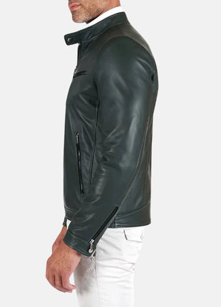 Men's Green Snap Tap Leather Cafe Racer Jacket