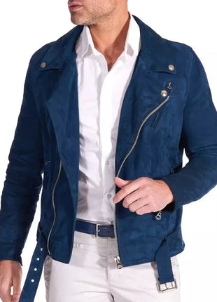 Men's Biker Blue Suede Leather Jacket