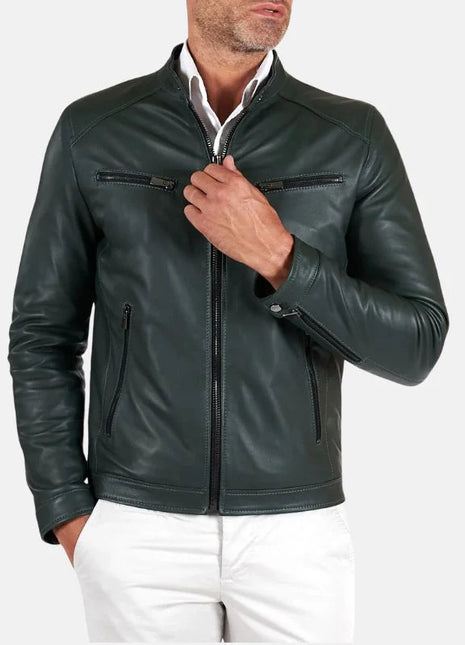 Men's Green Snap Tap Leather Cafe Racer Jacket