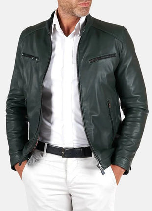 Men's Green Snap Tap Leather Cafe Racer Jacket