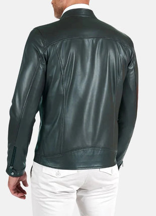 Men's Green Snap Tap Leather Cafe Racer Jacket