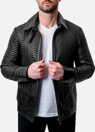 Mens Black Snakeskin Textured Leather Jacket