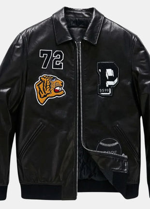 Mens Patched Black Bomber Leather Jacket