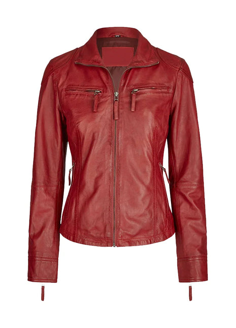 Women's Maroon Cafe Racer Leather Biker Jacket