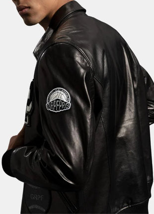 Mens Patched Black Bomber Leather Jacket