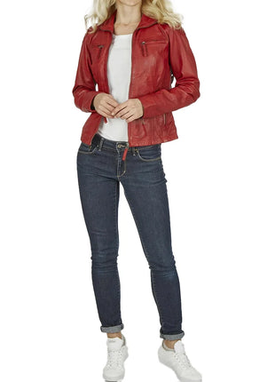 Women's Maroon Cafe Racer Leather Biker Jacket