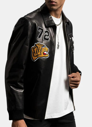 Mens Patched Black Bomber Leather Jacket