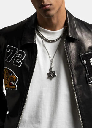 Mens Patched Black Bomber Leather Jacket