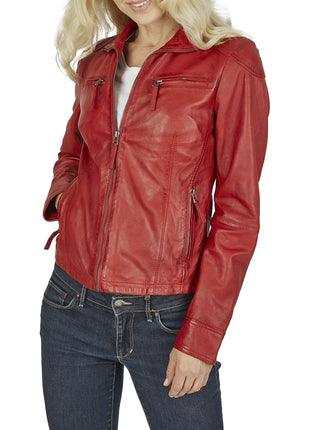 Women's Maroon Cafe Racer Leather Biker Jacket