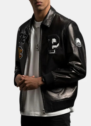 Mens Patched Black Bomber Leather Jacket