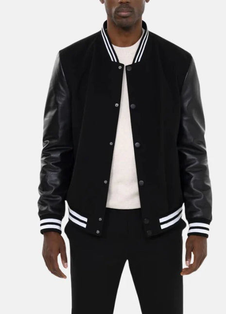 Men's Black Letterman Bomber Jacket With Leather Sleeves