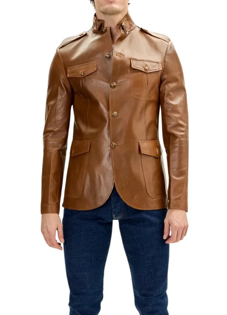 Mens Brown Real Lambskin Safari Leather Jacket