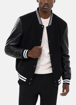 Men's Black Letterman Bomber Jacket With Leather Sleeves