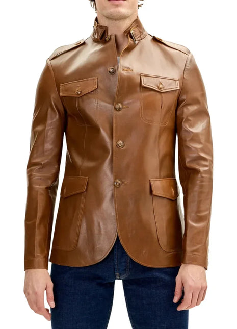 Mens Brown Real Lambskin Safari Leather Jacket