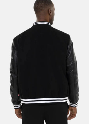 Men's Black Letterman Bomber Jacket With Leather Sleeves