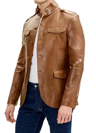Mens Brown Real Lambskin Safari Leather Jacket