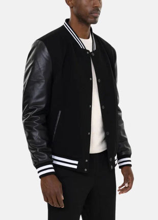 Men's Black Letterman Bomber Jacket With Leather Sleeves