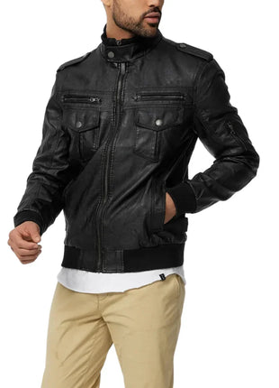 Men's Versatile Black Trucker Leather Bomber Jacket