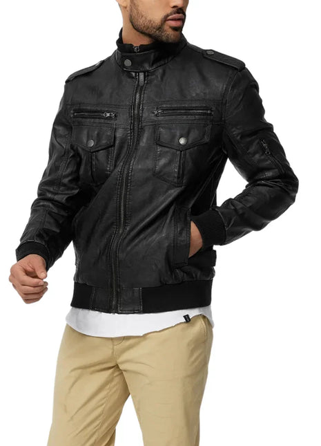 Men's Versatile Black Trucker Leather Bomber Jacket