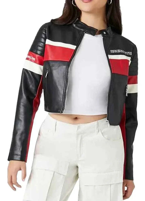 Ladies Cropped Red Black and White Leather Jacket