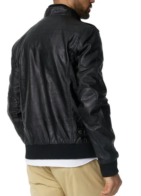 Men's Versatile Black Trucker Leather Bomber Jacket