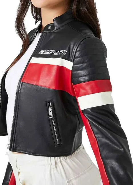 Ladies Cropped Red Black and White Leather Jacket
