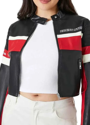 Ladies Cropped Red Black and White Leather Jacket