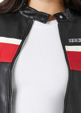 Ladies Cropped Red Black and White Leather Jacket