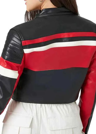 Ladies Cropped Red Black and White Leather Jacket