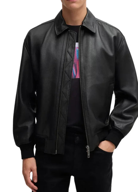 Men's Lamsbkin Black Relaxed Fit Black Bomber Jacket
