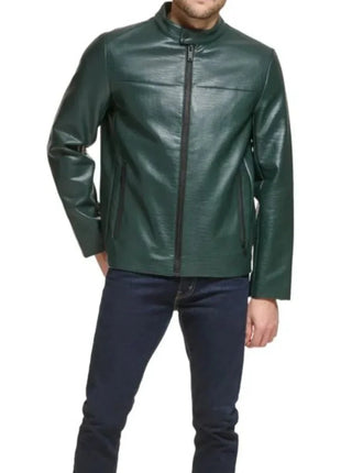 Men's Green Quilted Croco Style Cafe Racer Leather Jacket