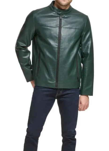 Men's Green Quilted Croco Style Cafe Racer Leather Jacket