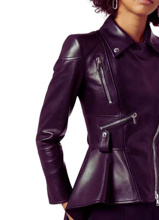 Women's Asymmetrical Peplum Purple Leather Jacket
