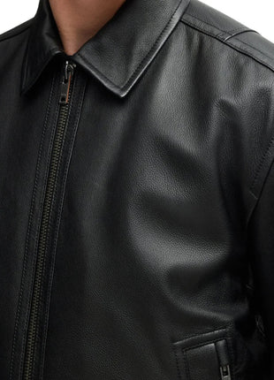 Men's Lamsbkin Black Relaxed Fit Black Bomber Jacket